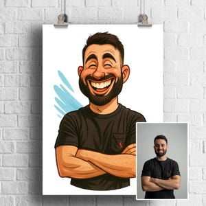May include: A cartoon portrait of a smiling man with a beard, wearing a black t-shirt with a red logo on the pocket. The artwork has a blue splash in the background. A smaller photo of the man is in the bottom right corner.