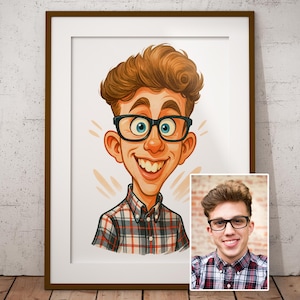 May include: A framed cartoon portrait of a young person with brown hair, glasses, and a plaid shirt. The portrait is a caricature with exaggerated features. A smaller photo of the person is in the bottom right corner. The frame is brown.