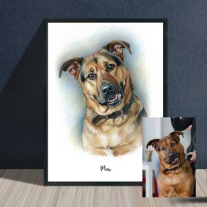 Puede incluir: Retrato enmarcado de un perro con pelaje marr&oacute;n y canela, con un collar marr&oacute;n. El perro sonr&iacute;e con la lengua ligeramente fuera. El nombre "Max" est&aacute; escrito debajo en cursiva. Una imagen m&aacute;s peque&ntilde;a del perro est&aacute; en la esquina inferior derecha.
