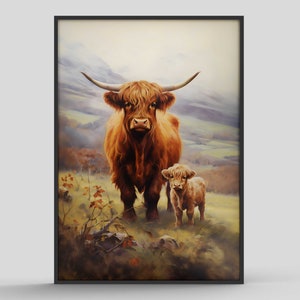 Highland cow print - Poster print - Home decor  - Wildlife print  - Mid century inspired  - Animal print -British wildlife