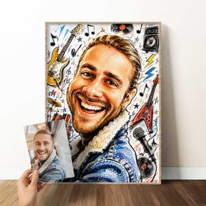 May include: A framed portrait illustration of a smiling person with a beard, wearing a denim jacket with a white sherpa collar. The background features colourful sketches of a yellow electric guitar, a red guitar, a microphone, and music notes.