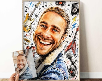 Caricature from Photo with Hobbies, Custom Portrait, Personalised Portrait Print, Funny Gift
