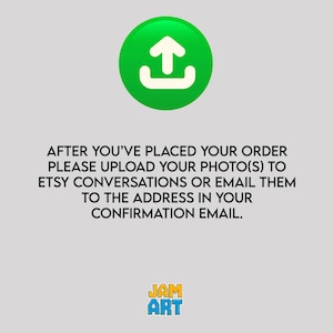 May include: A green circle with a white upload icon. Text below reads: "AFTER YOU'VE PLACED YOUR ORDER PLEASE UPLOAD YOUR PHOTO(S) TO ETSY CONVERSATIONS OR EMAIL THEM TO THE ADDRESS IN YOUR CONFIRMATION EMAIL." The Jam Art logo is at the bottom.