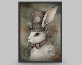 Lámina Steampunk de Conejo Blanco / Póster de Técnica Mixta Animal