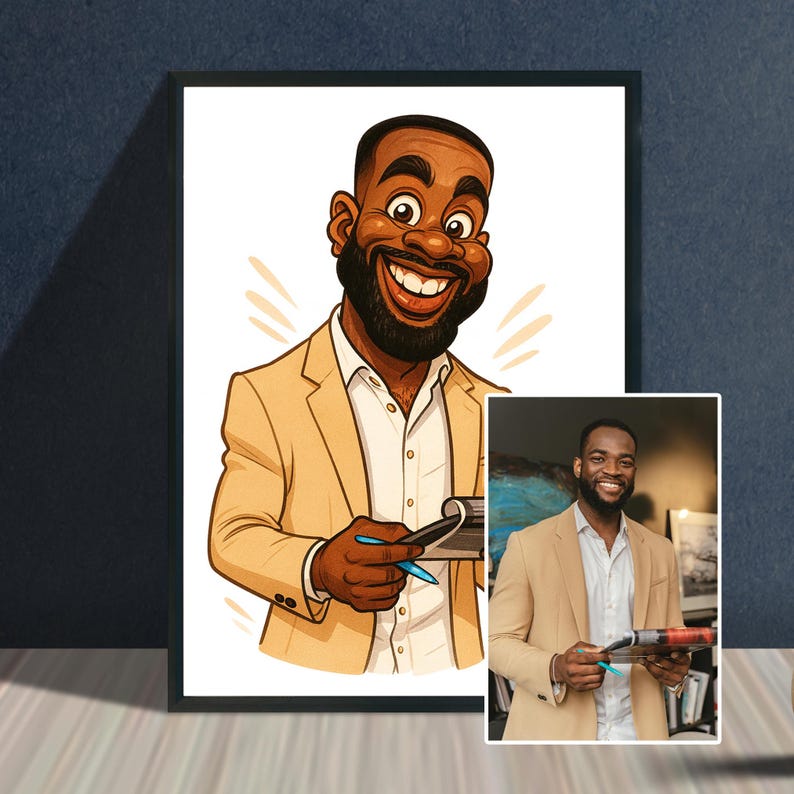 May include: A framed cartoon illustration of a smiling Black man wearing a tan blazer and holding a notepad and pen. A smaller photo of the same man in a similar outfit is in the bottom right corner. The background is white.