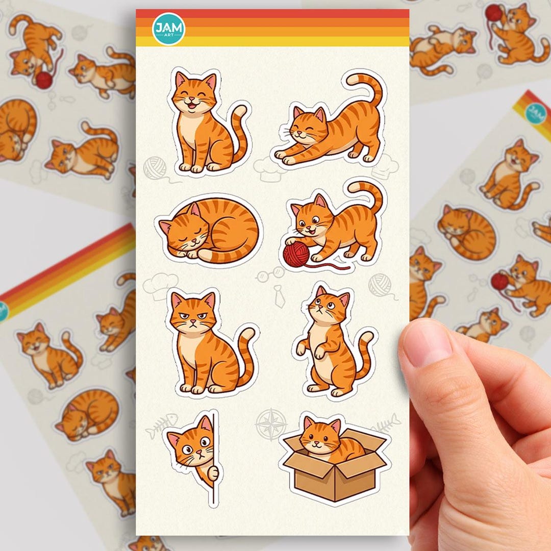 Ginger Tom Cat Sticker Sheet, Cute Orange Tabby Cat Stickers, Kitty ...