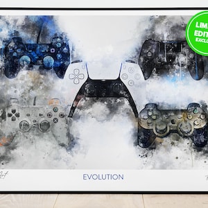 May include: A watercolour painting of four different PlayStation controllers, representing the evolution of the PlayStation console. The controllers are arranged in a circle, with the oldest controller at the top and the newest controller at the bottom. The painting is titled "Evolution" and is signed by the artist "JameArt".
