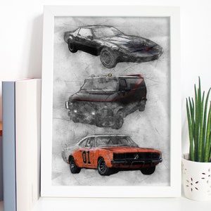 80s TV Cars Art Poster Print Portrait - Knight Rider A-Team Dukes Of Hazard Wall Art Various sizes available