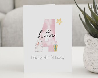 Happy Birthday | 4th  Birthday | Personalised | Name  Greeting Card | Bunny card  | Fourth  Birthday Card | Child Card