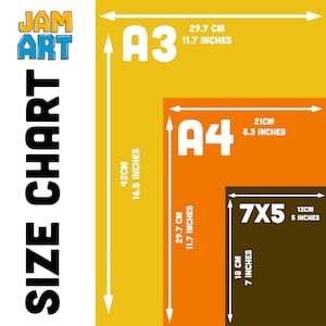 Puede incluir: Un cuadro de tallas con el texto "JAM ART SIZE CHART" en negro y azul. El cuadro muestra los tama&ntilde;os A3, A4 y 7x5 con dimensiones en cm y pulgadas. El tama&ntilde;o A3 es de 29,7 cm por 42 cm.