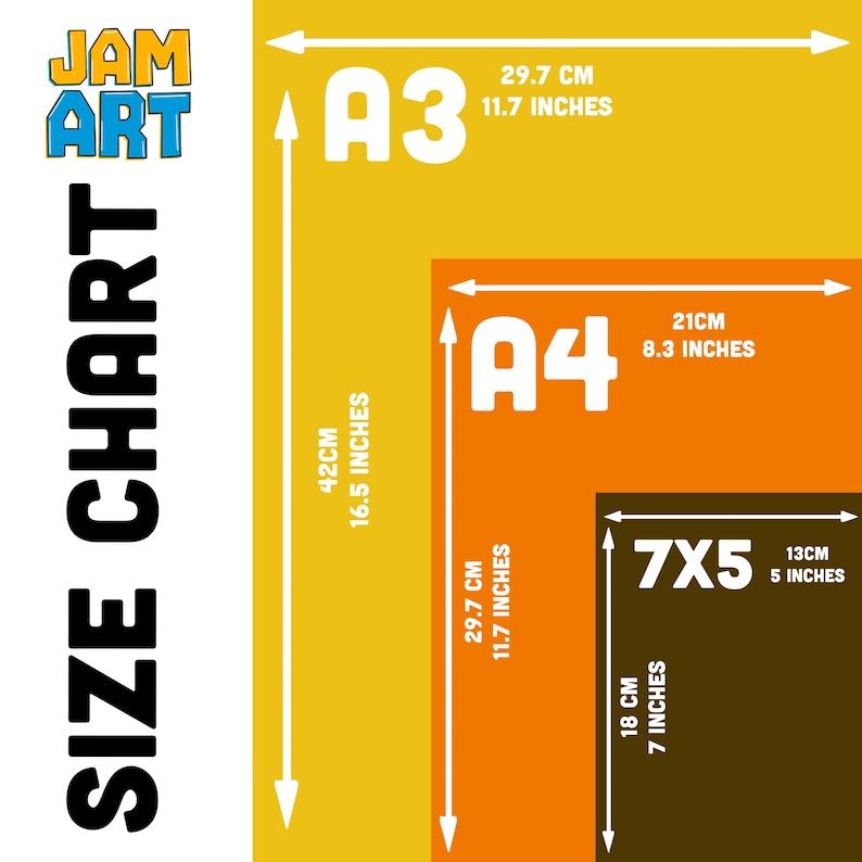 Puede incluir: Un cuadro de tallas con el texto "JAM ART SIZE CHART" en negro y azul. El cuadro muestra los tama&ntilde;os A3, A4 y 7x5 con dimensiones en cm y pulgadas. El tama&ntilde;o A3 es de 29,7 cm por 42 cm.