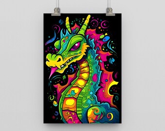 Peut inclure: Une illustration psychédélique vibrante d'un dragon vert avec des accents jaunes, roses et bleus. La tête du dragon fait face au spectateur avec une bouche ouverte et des dents acérées. L'arrière-plan est un mélange tourbillonnant de couleurs et de motifs.