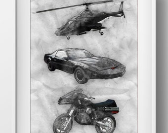 80s TV Vehicles Art Poster Print Portrait - Airwolf Knight Rider