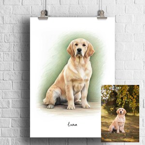 Puede incluir: Dibujo a l&aacute;piz de un perro Golden Retriever sentado, con un fondo verde suave. El perro es de color marr&oacute;n claro y tiene una mirada fija. El nombre "Luna" est&aacute; escrito en cursiva debajo. Una foto m&aacute;s peque&ntilde;a del perro est&aacute; en la esquina inferior derecha.