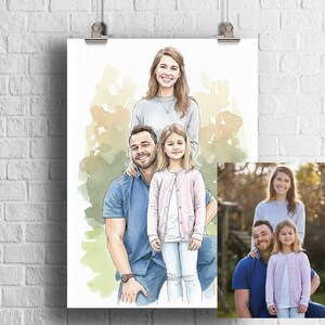 Może przedstawiać: Portret akwarelowy rodziny czteroosobowej, w skład kt&oacute;rej wchodzi kobieta, mężczyzna i dwoje dzieci. Grafika ma miękki, malarski styl z jasną paletą barw. Rodzina jest przedstawiona w swobodnym stroju, z małym zdjęciem w prawym dolnym rogu.