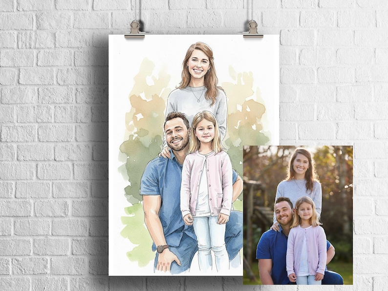 Może przedstawiać: Portret akwarelowy rodziny czteroosobowej, w skład kt&oacute;rej wchodzi kobieta, mężczyzna i dwoje dzieci. Grafika ma miękki, malarski styl z jasną paletą barw. Rodzina jest przedstawiona w swobodnym stroju, z małym zdjęciem w prawym dolnym rogu.