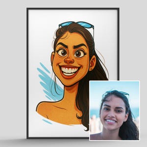 May include: A framed cartoon portrait of a smiling woman with sunglasses on her head. The artwork features a vibrant color palette with a focus on the woman's expressive face and open smile. A smaller photo of the woman is in the bottom right corner.