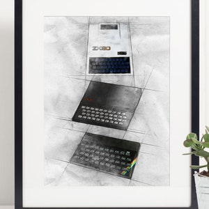 May include: A black and white pencil sketch of three vintage ZX Spectrum computers. The computers are arranged in a stack, with the ZX Spectrum 48K at the top, the ZX Spectrum +2A in the middle, and the ZX Spectrum +3 at the bottom.
