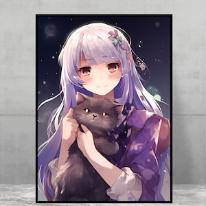 Kawaii Anime Neko Cat Girl With white hair | Poster