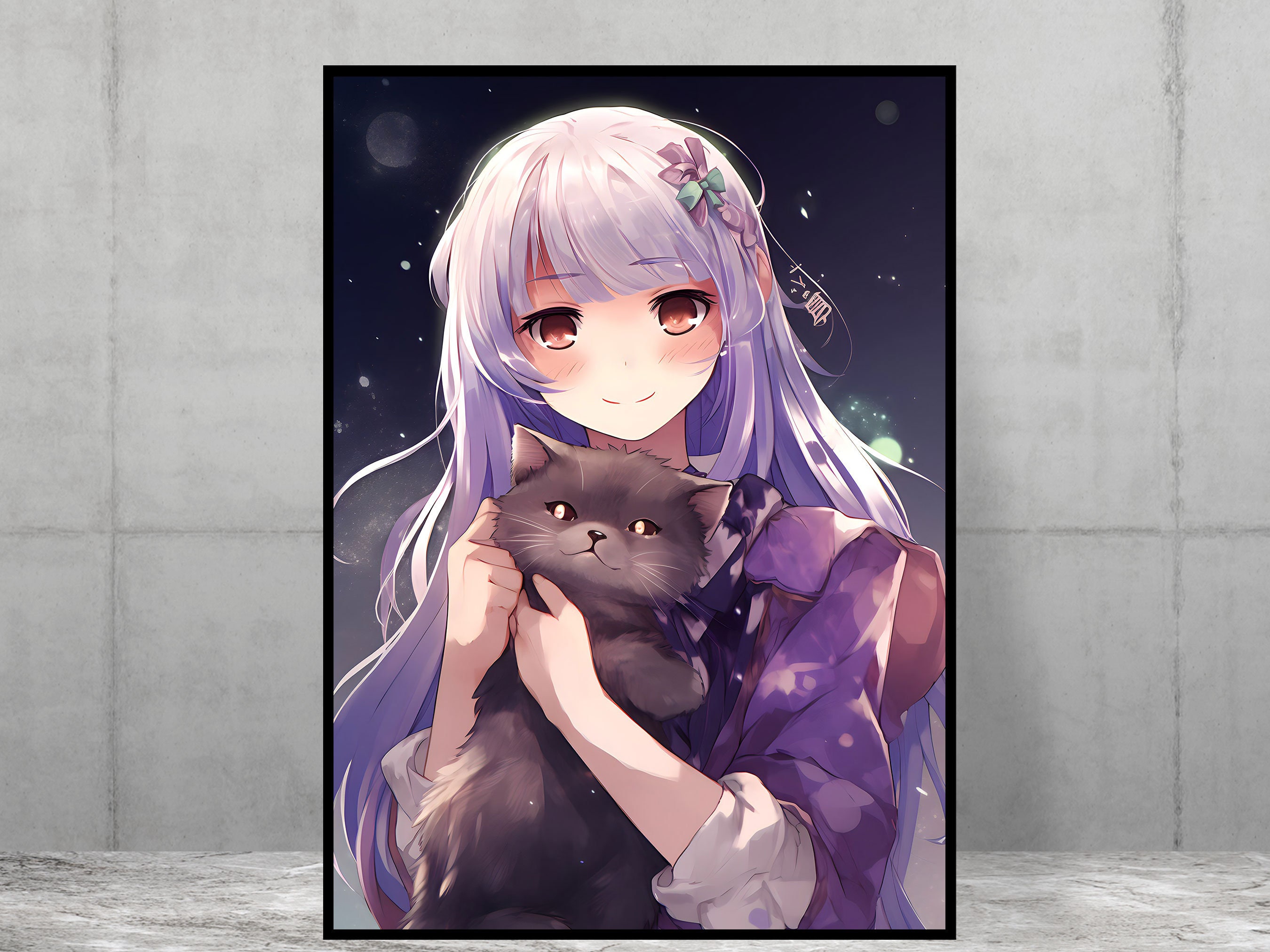 Kawaii Anime Neko Cat Girl in Black Hoodie Poster for Sale by