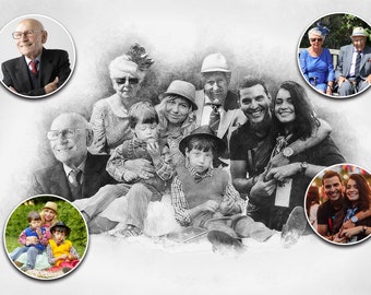 Family Portrait Combine Photos Into Custom Pencil Sketch Family Friends Portrait  - Merge Photo - Digital Sketch Art Print Drawing