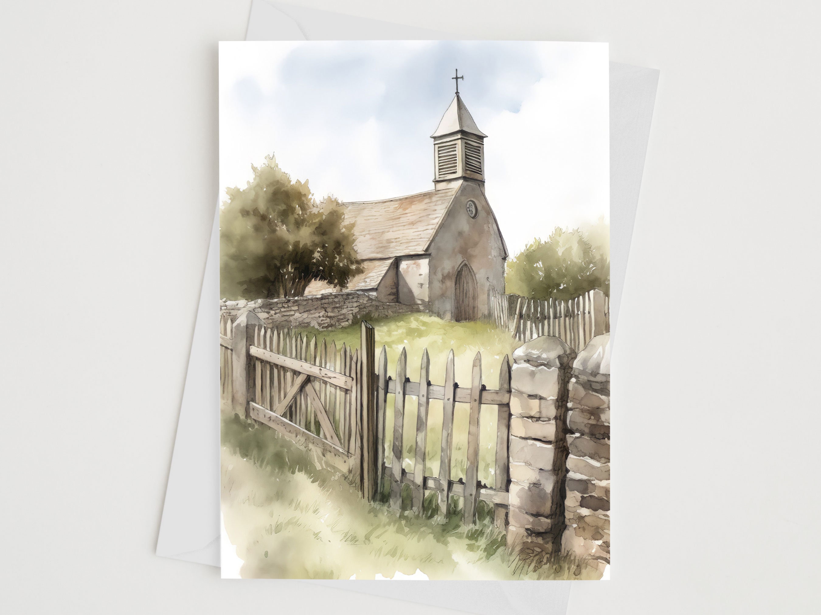 Small village church  | English Countryside image | country scenes card | watercolour illustration | birthday | occasion card