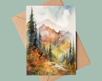 Peut inclure: Peinture à l'aquarelle d'un paysage de montagne avec un chemin qui traverse une forêt de pins. Les montagnes sont peintes dans des tons de brun, d'orange et de jaune, avec une touche de bleu dans le ciel. Les arbres sont d'un vert profond et le chemin est d'un brun clair.