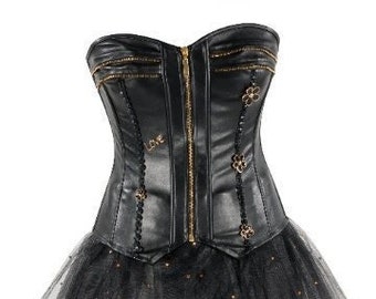 Faux Leather Over Bust Corset & Mesh Tutu Skirt Set