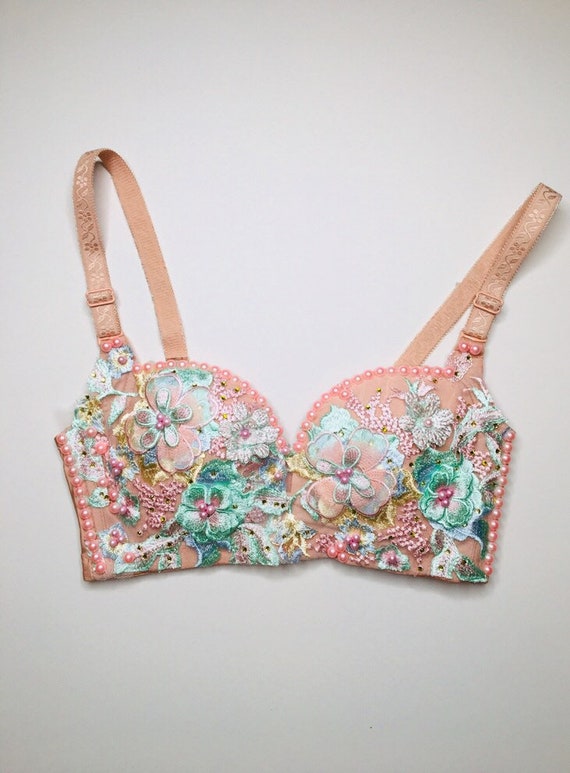 Pink Floral Embroidered Diamanté Push Up Bra