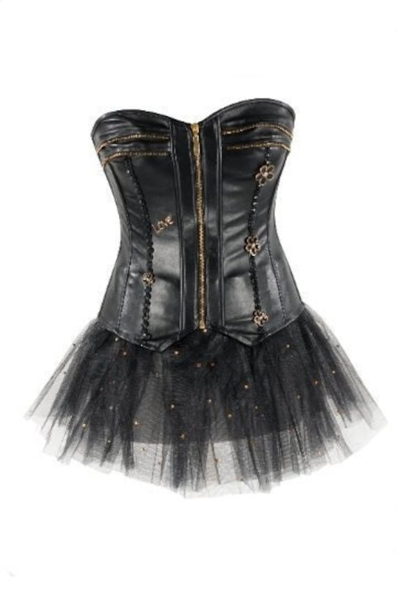 Faux Leather Over Bust Corset Mesh Tutu Skirt Set