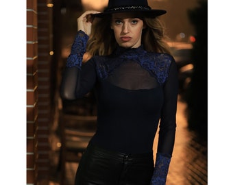 Long Sleeve Lace Bodysuit Top Blouse , Lace Blouse Turtleneck body style thong Black Cotton Body suit Outfit