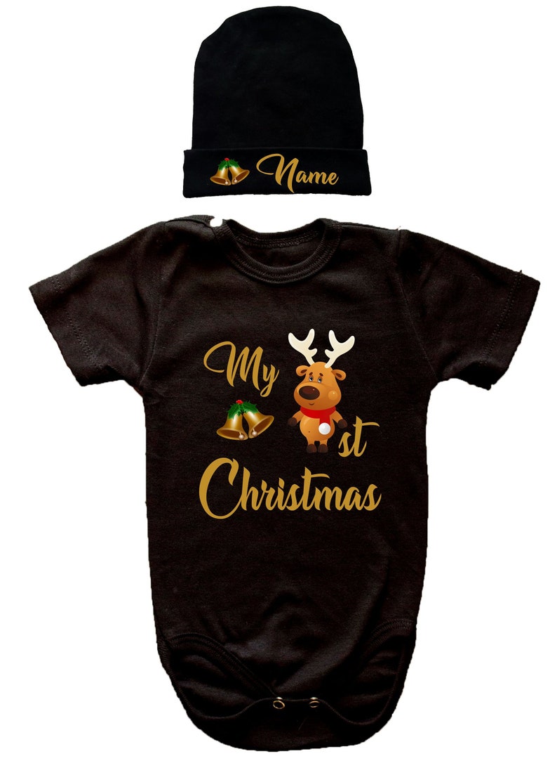 Cute Christmas Set White Baby Hat Bodysuit Name Personalization Unisex Baby Shower Gift Gold Letters Print Hat Personalization