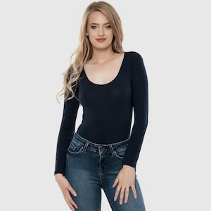 Body negro de manga larga, body de algodón, top de cuello redondo para mujer, leotardo elástico de corte ajustado, prenda básica esencial para el día a día.