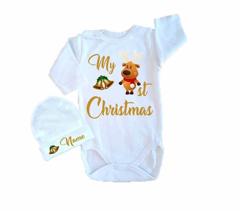 Cute Christmas Set White Baby Hat Bodysuit Name Personalization Unisex Baby Shower Gift Gold Letters Print Hat Personalization