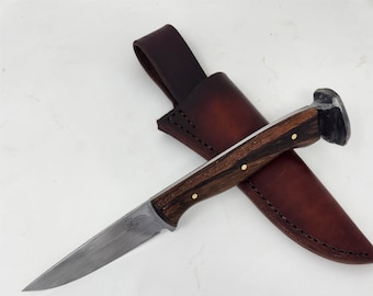 Our "Baldy Mountain" Hand Forged Railroad Spike Knife with Zebrawood Handle and Genuine Leather Sheath - READY to SHIP