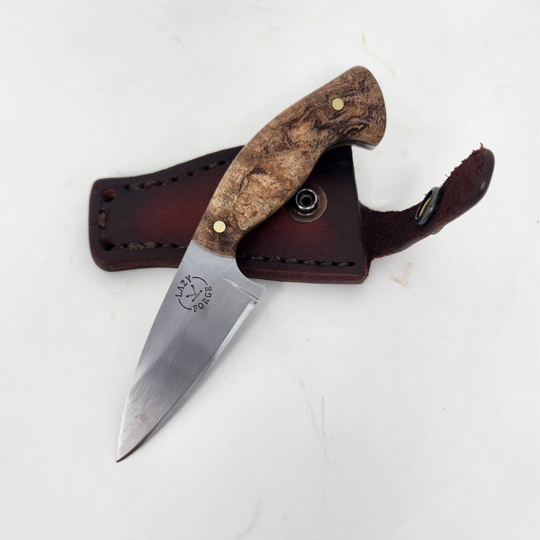 Rainbow Peak Hand Forged 80CRV2 Small Three Finger EDC Fixed Blade Neck Knife Spalted Maple Handle Genuine Leather Sheath - Ready to SHIP