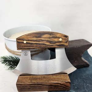 Alaskan Style Curved Ulu Knife with 52100 Steel Blade, Bocote Handle and Matching Bocote Storage Stand  - READY TO SHIP