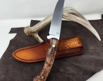 Sapphire Mountain Field Hunting Knife with Hardened 1095 Blade, Spalted Maple Burl Handle, Handsewn Genuine Leather Sheath - READY to SHIP