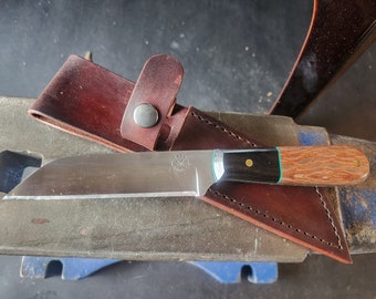 Hand Forged 80CRV2 Steel Fishing Knife: Leopard Wood Handle, Leather Sheath