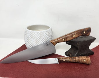 Set with Kintla Peak 12.5" Chef Knife, Gallatin Peak 8" Paring Knife or Choice of 80CRV2 Chef or Paring, Maple Burl Handle - READY to SHIP