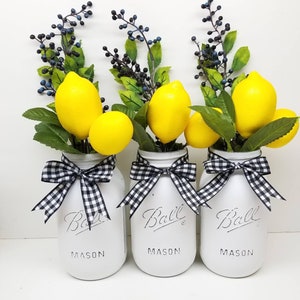 Lemon Mason Jar Centerpiece: Buffalo Plaid Farmhouse Kitchen Decor