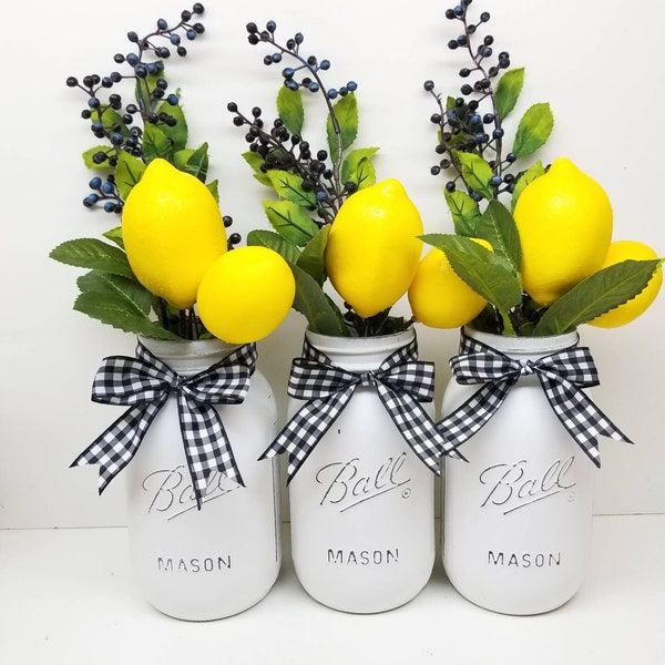 Lemon Centerpiece, Lemon Mason Jar, Lemons and Blueberries, Lemon Kitchen, Buffalo Plaid Decor, Lemon Bridal Shower