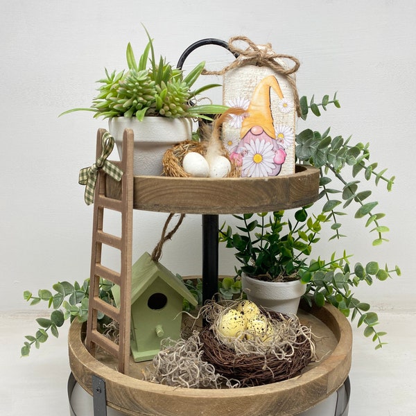 Spring, Tiered Tray , Tier Tray Decor, Gnome Tier Tray Decor, Mini Succulent Pot, Birds Nest, Birdhouse Decor
