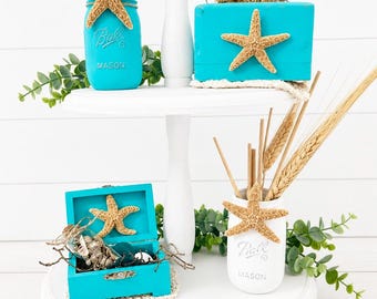 Coastal Farmhouse Tiered Tray Decor | Turquoise Starfish Mason Jar Set | Beach Cottage Shelf Decor