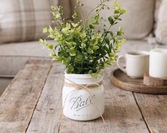 Eucalyptus Mason Jar Rustic Farmhouse Centerpiece (10” Tall) | Neutral Home Decor | Faux Greenery Jar | Farmhouse Table Accent