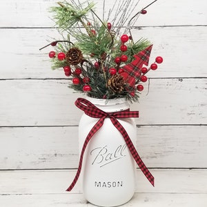 Rustic Christmas Mason Jar Centerpiece: Buffalo Check Farmhouse Decor