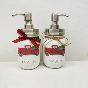 Christmas Bathroom Decor, Christmas Mason Jar Soap Dispenser, Holiday Soap Dispenser, Red Truck Decor