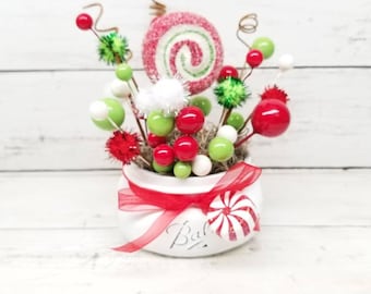 Christmas Peppermint Mason Jar Decor, Whimsical Farmhouse Tiered Tray Centerpiece