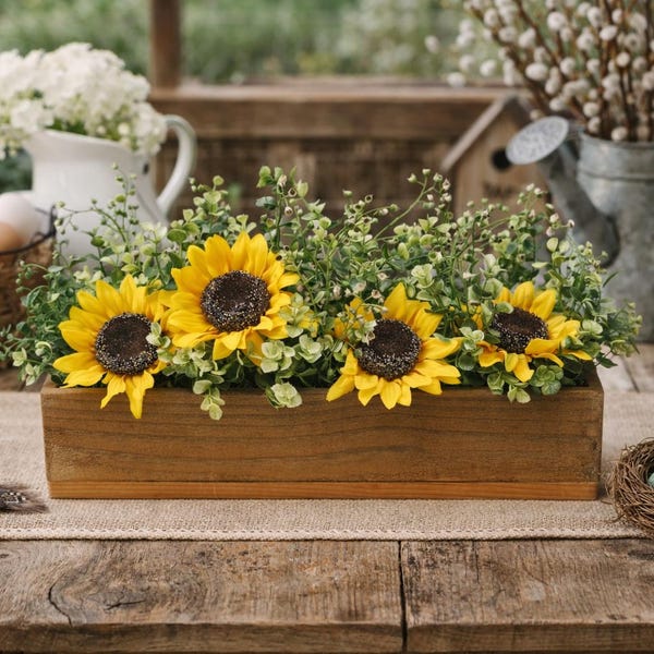 Spring Sunflower Centerpiece,  Rustic Farmhouse Table Decor, 14in Planter Box, Sunflower Table Decor