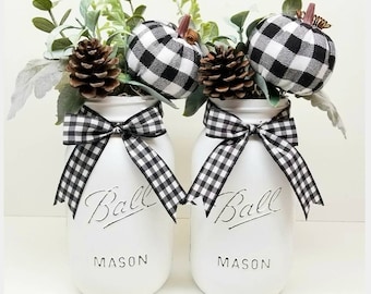 Thanksgiving Centerpiece, Fall Decor, Buffalo Plaid Pumpkin Decor, Mason Jar Centerpiece, Rustic Fall Decor
